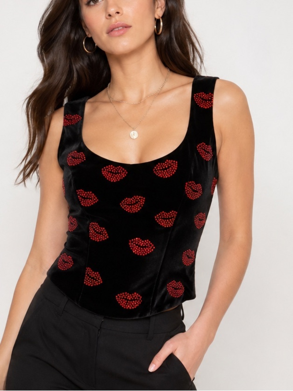 Flora Nikrooz Y2K Velvet Rhinestone Red Lips Corset Top Black, size S